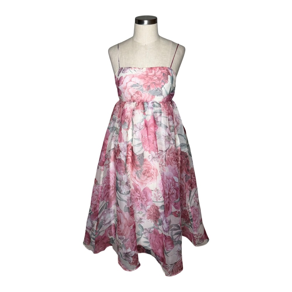 STORIA Midi Dress Pink Floral Organza Spaghetti Strap Women's Size Small Garden